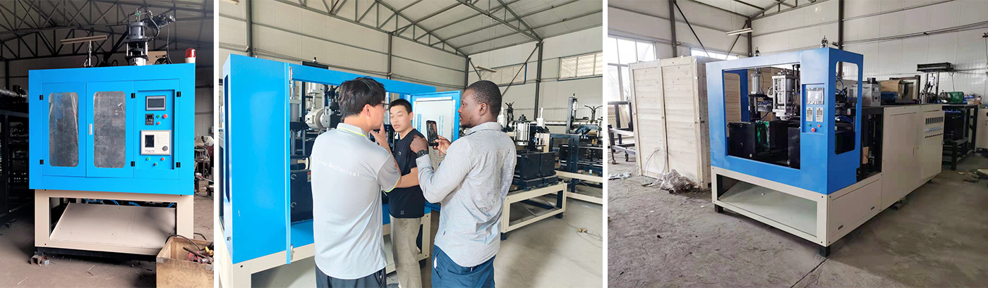 Un client français visite notre usine pour l’inspection des machines de moulage par soufflage de bouteilles d’huile